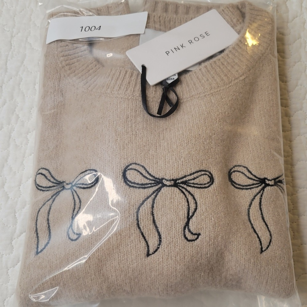 Pink Rose Short Sleeve Sweater Womens Sz M Tan Embroidered Bows Puff Sleeve NEW - Picture 12 of 13